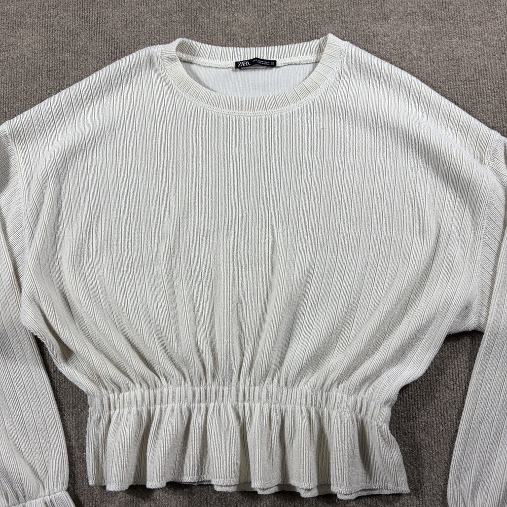 Zara Ribbed Knit Cropped Sweater White Cotton Crew Neck Lightweight Size M